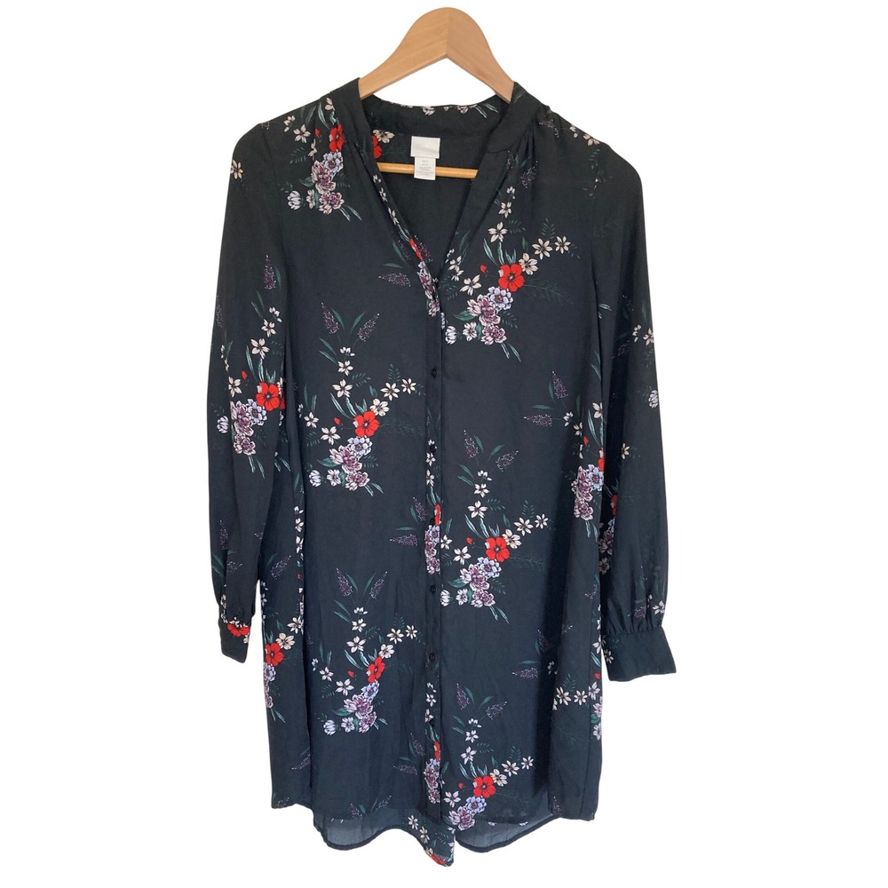 HM Black Floral Long Sleeve Button Front Shirt Dress Tunic US 2 O/N 365257